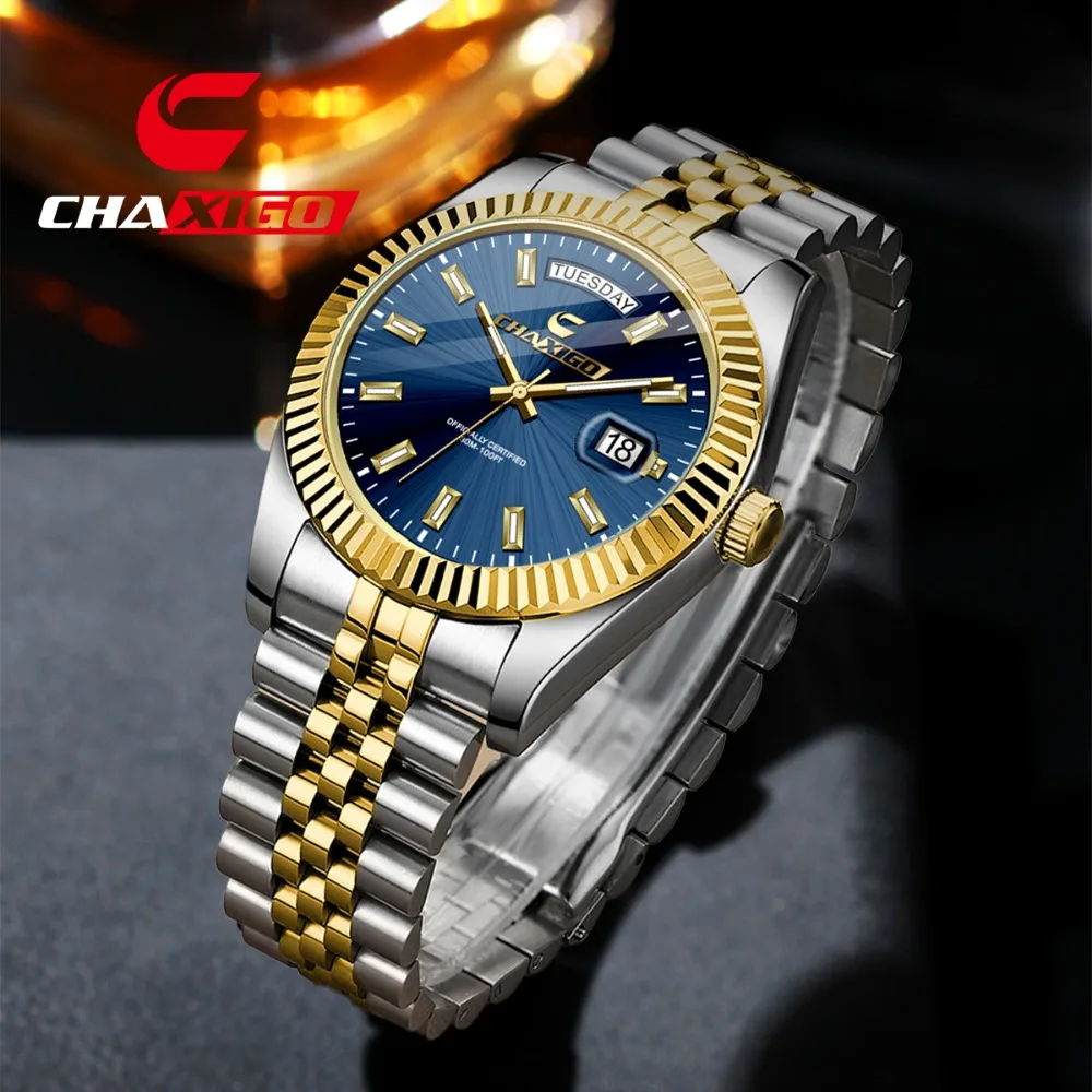 

CHAXIGO 069 Steel Strip Quartz Luxury Mens Watch Waterproof Double Calendar Luminous Watches for Men Montres Hommes Reloj Hombre
