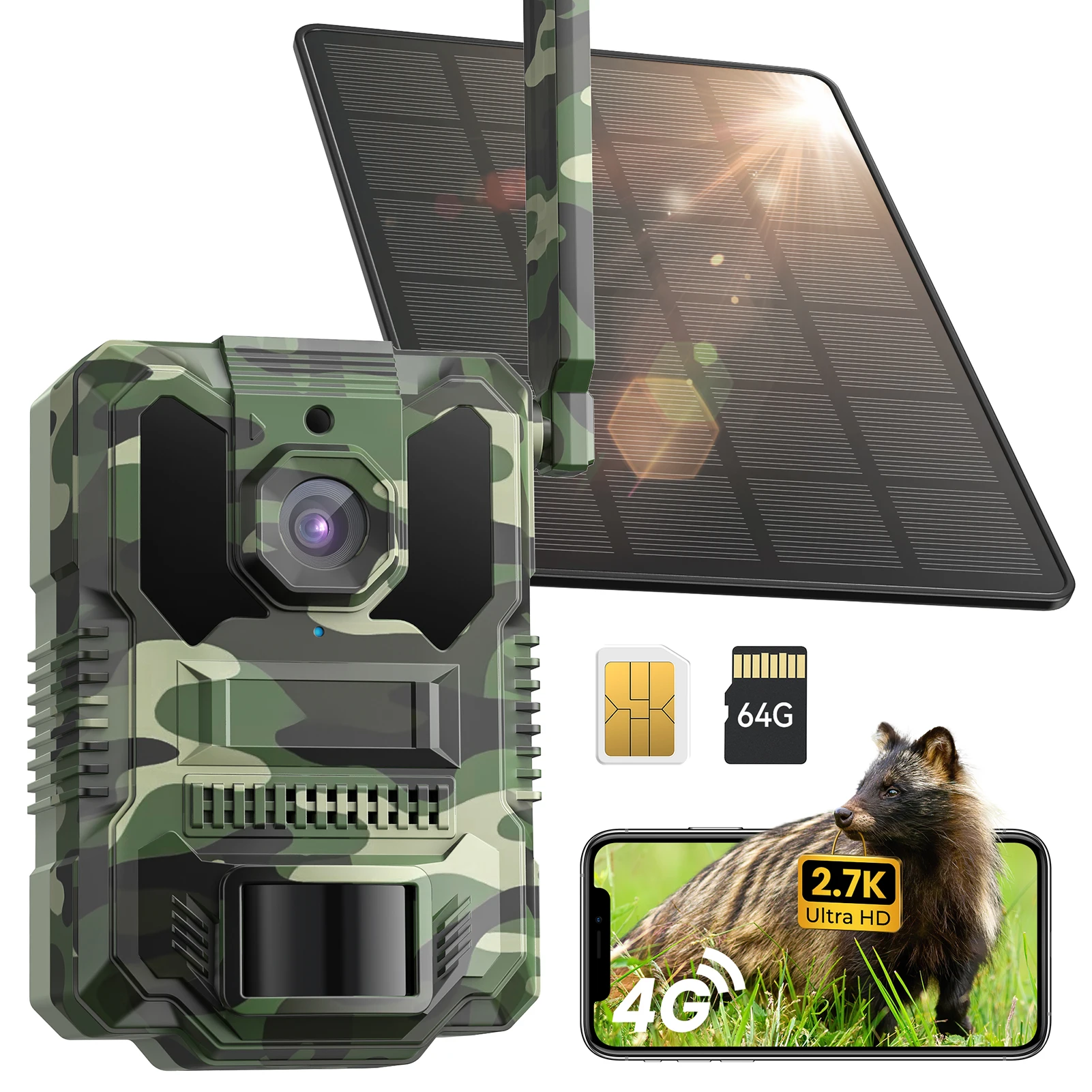 Caméra de faune 4G LTE avec application de transfert de téléphone portable, caméra de chasse solaire 2.7K avec carte SIM, capteur de mouvement PIR, Vision nocturne
