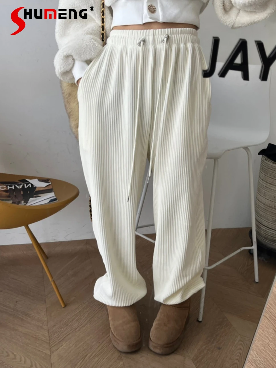 

Corduroy Wide-Leg Pants Women's Autumn Winter High Waist Drawstring Loose Slimming Stripes Casual Straight-Leg Mop Trousers