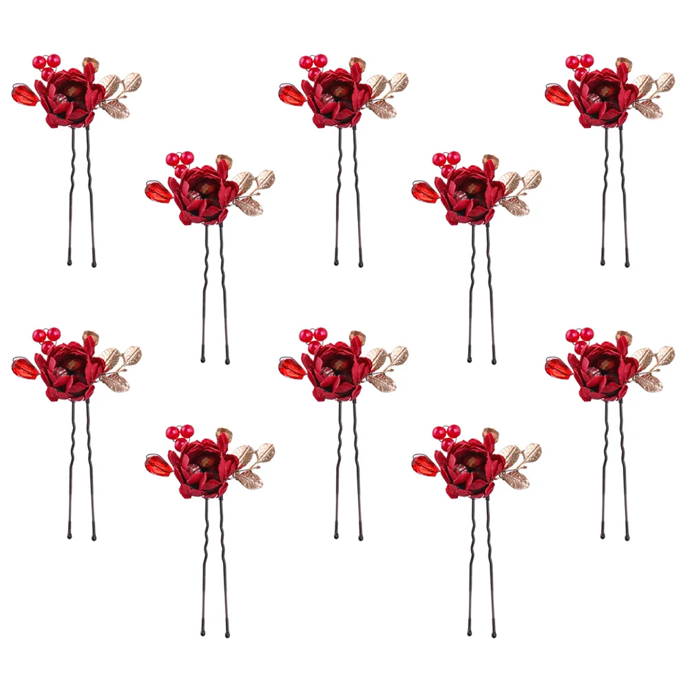 

10 Pcs Accessories Bridal Flower Hair Pins Shiny Bead Red Clips Wedding Bridal Hairpins Birthday Flower Hair Pins Ladies