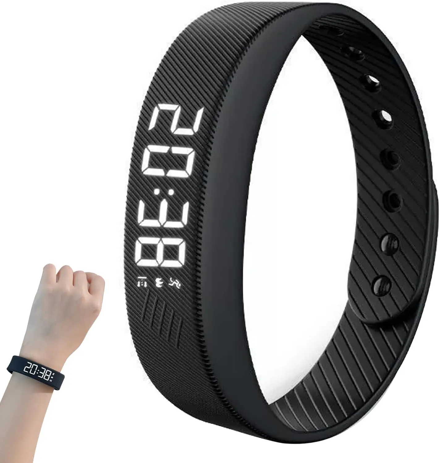 Black LED Digital Alarm Clock Watch Adjustable Bracelet Snooze-proof Alarm Bracelet with Running Pedometer Vibrating Alarm Clock