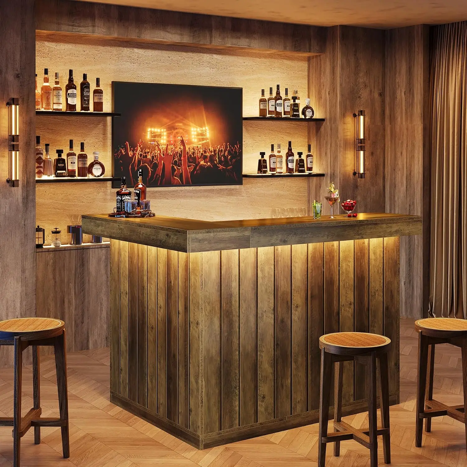 L-Shaped Home Bar Unit, 4-Tier Corner Pub Table with Storage & Glasses Holder, Industrial Wine Cabinet for Basement, Customized