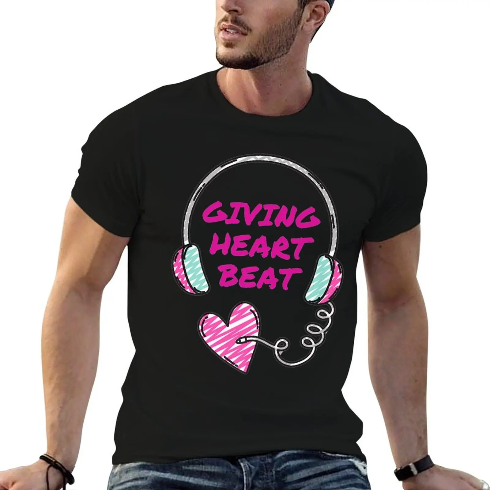GivingHeartBeat Podcast Hot Pink Text Headphones Heart Plug T-Shirt vintage clothes clothes funny t shirts men