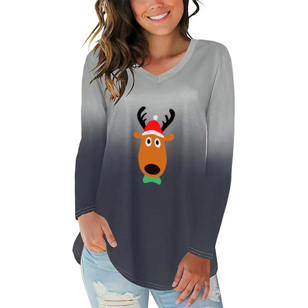 

Women's Gradient Color Christmas Hat Deer Print T-Shirt V-Neck Long Sleeve Irregular Hem European American Style by