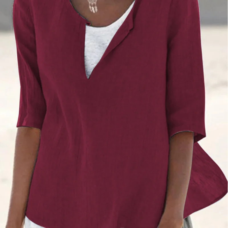 2023 New Women\'s Clothing Solid Color Summer V-Neck Three Quarter Loose Casual Commute All-match Edgy Contrast Color T-shirt