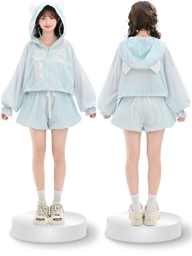 Sweet Kawaii 2 Piece Set Women UPF50 Lightweight Cat Ear Hooded Sun Coat Ruffle Cuff Embroidery Cat Print Bubble Hem Shorts Loos