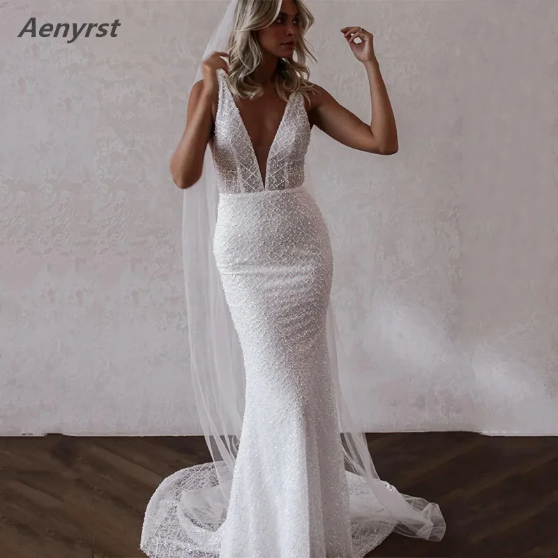 

Aenyrst sequined lace bridal wear fishtail skirt wedding dresses gorgeous backless wedding dress Floor-Length Court Train 2024