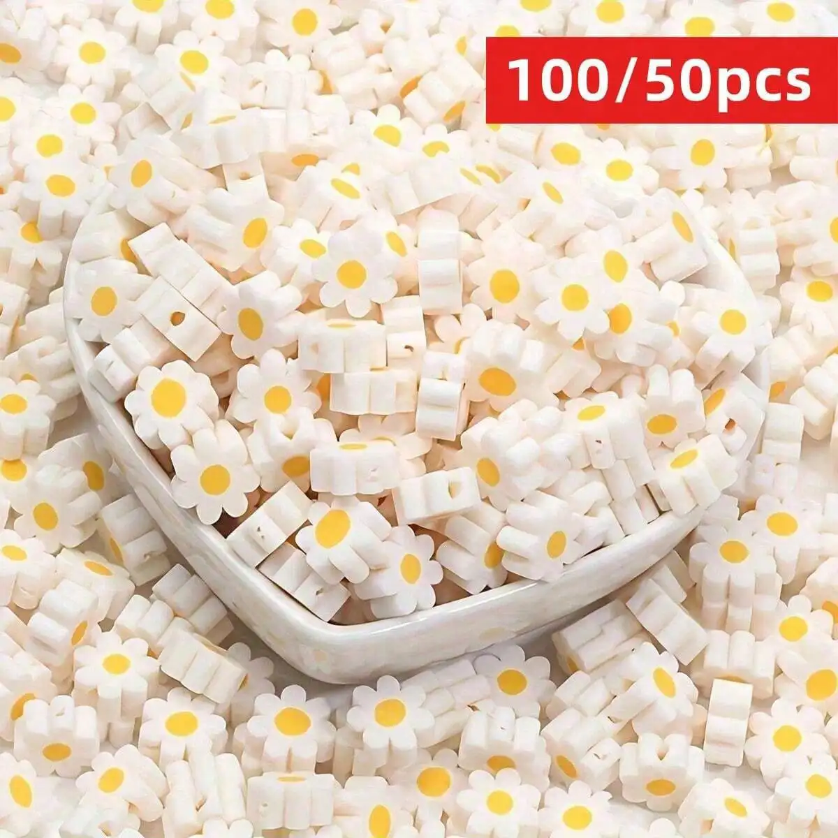 100/50 Stück 9 mm weiße Perlen mit Blumenmuster für die DIY-Herstellung – perfektes Bastelzubehör, ideal für die Erstellung einzigartiger Designs