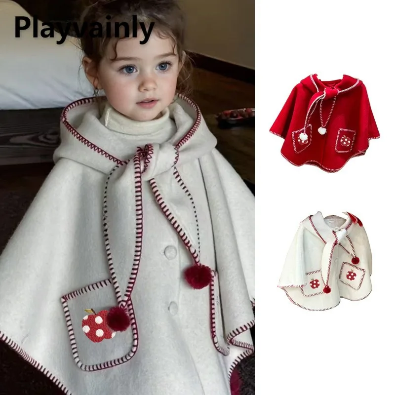 

2025 New Girls Cloak with Hood Christmas Red Apricot Cape Coat Autumn Winter Children Fashion Warm Outerwear Holiday Wear W5337