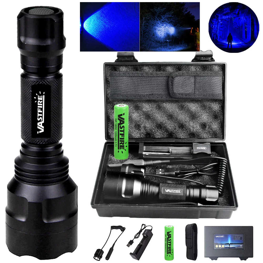 Tactical Flashlight 395NM UV /Blue Light LED UV Flashlight Torch C8 Professional 1-Mode Torch+18650+Charger+Remote Switch