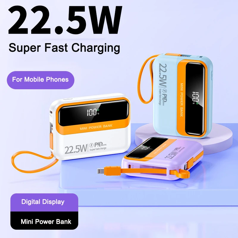 Mini Power Bank 20000mAh 22.5W Fast Charging Built in Cables Powerbank External Battery Charger for iPhone Samsung Huawei Xiaomi