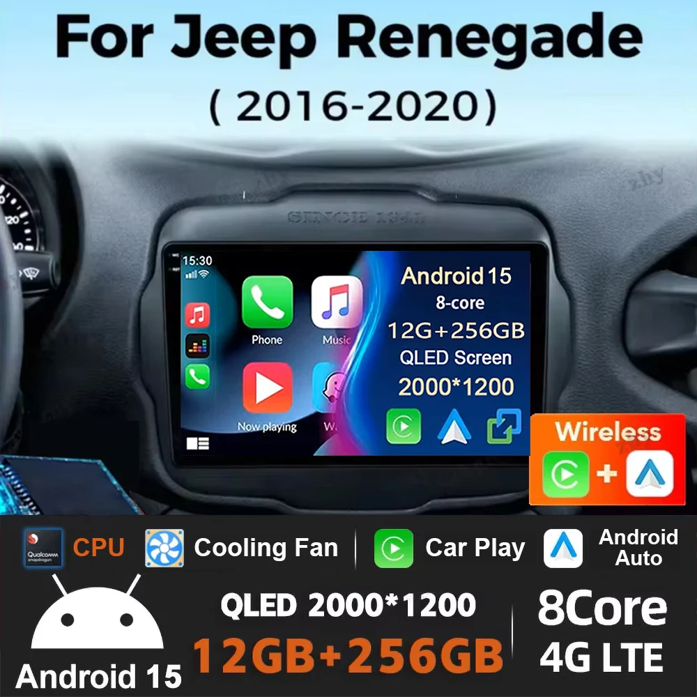 أندرويد 15 لسيارة Jeep Renegade 2016 2017 2018 2020 2K راديو السيارة الوسائط المتعددة فيديو QLED مشغل أندرويد نظام تحديد المواقع AI صوت CarPlay 4GStereo