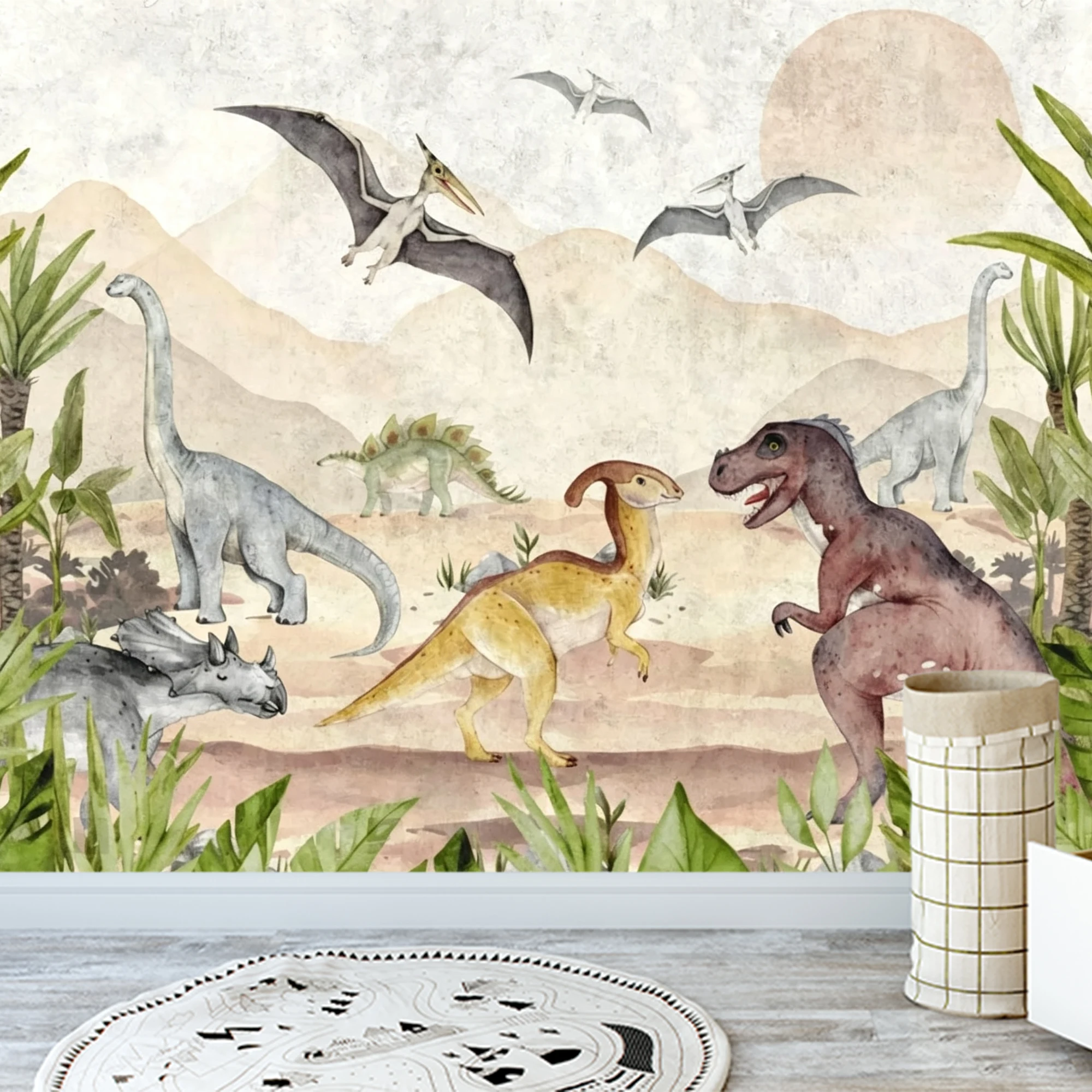 Custom Mural Wallpaper Kids Dinosaur Peel And Stick Wall T‑Rex Pterosaur Palm Tree Jungle For Boys Nursery Bedroom Home Decor