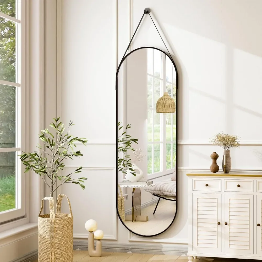 

16"x48" Oval Hanging Mirror With Leather Strap Full Length Mirror Aluminum Frame Wall-Mounted Hanging Mirrors|