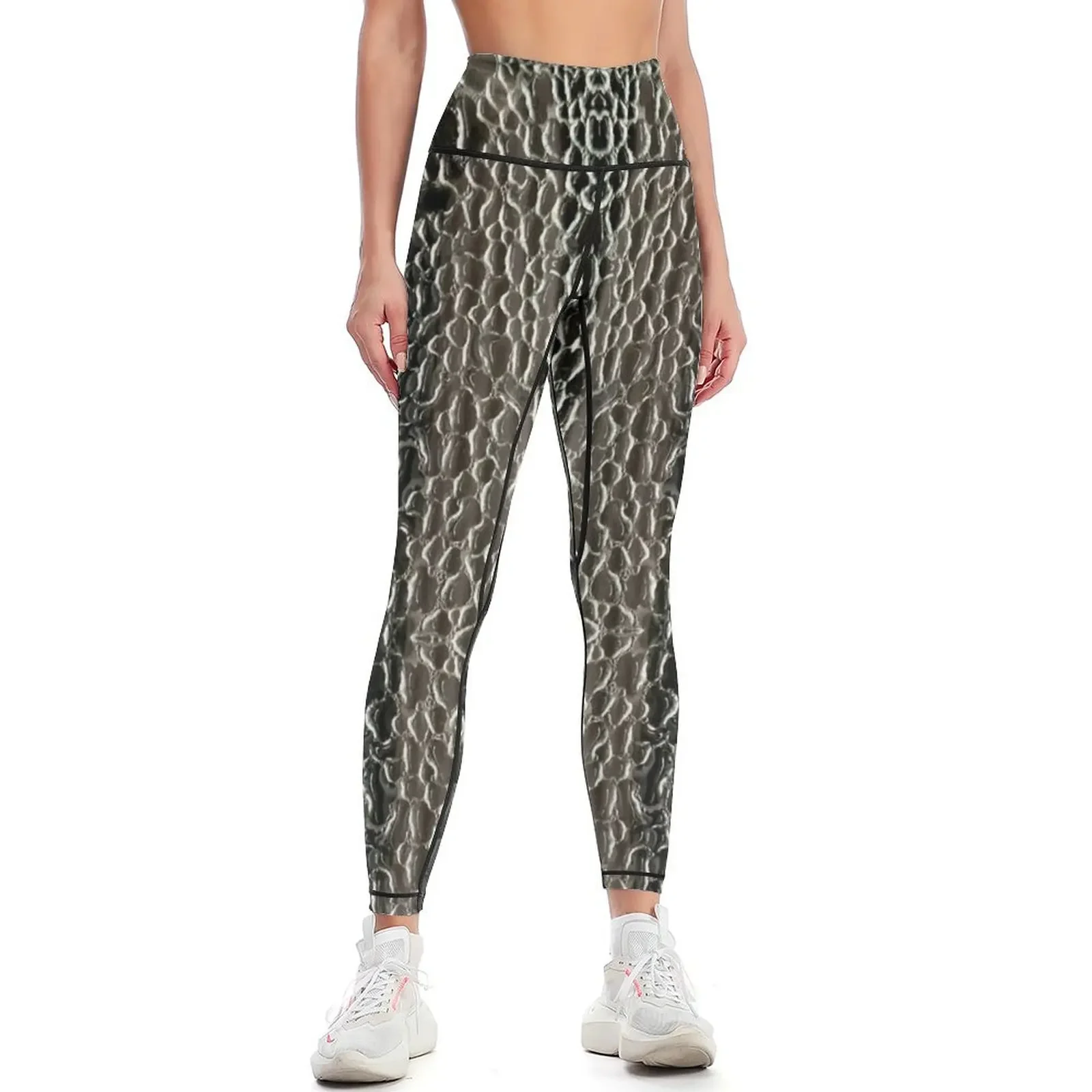 Faux Snakeskin, Shattered Stained Glass, Condensation, Tribal Mandala-style Mosaic Pattern - Dark Olive, Brown, Beige - Leggings