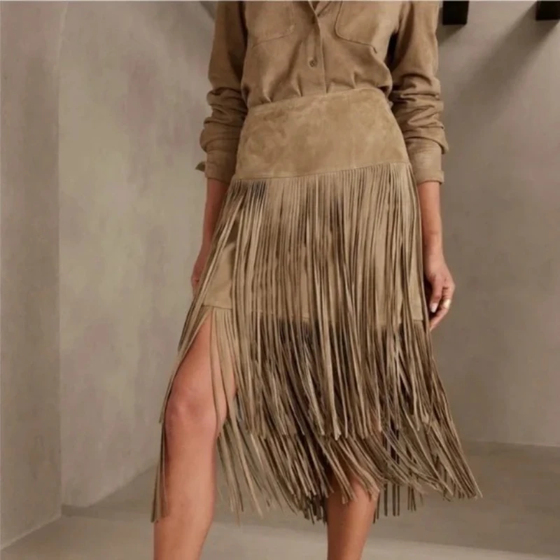 

American Retro Personality Waste Wind Skirt 2025 Autumn and Winter High Waist Tassel Design Sense A Word Women's Skirt