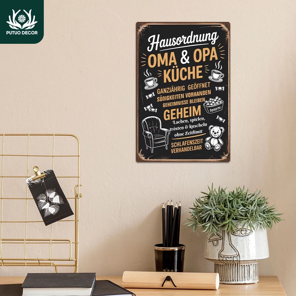 Putuo Decor 1 peça de sinal de lata de metal vintage alemão, HAUSORDNUNG Oma e Opa Küche ganzjährig geöffnet, presente