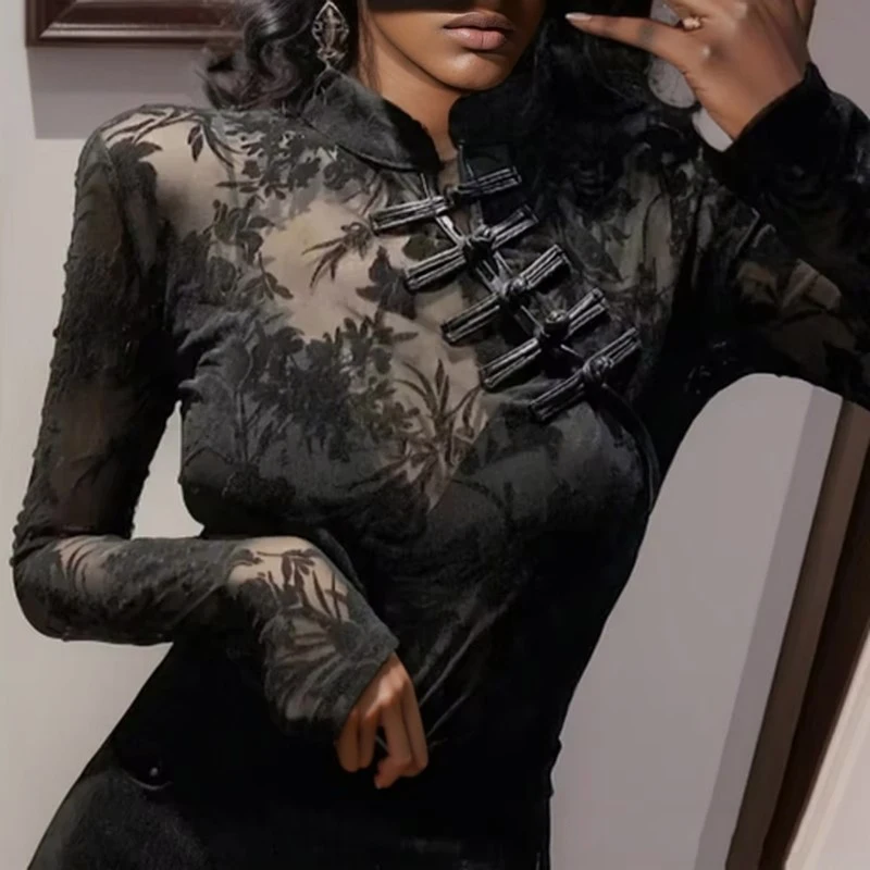 

Модные женские прозрачные рубашки и блузки с длинным рукавом, элегантная кружевная рубашка 2025 года, тонкий весенний черный сексуальный тонкий топ для женщин 11350