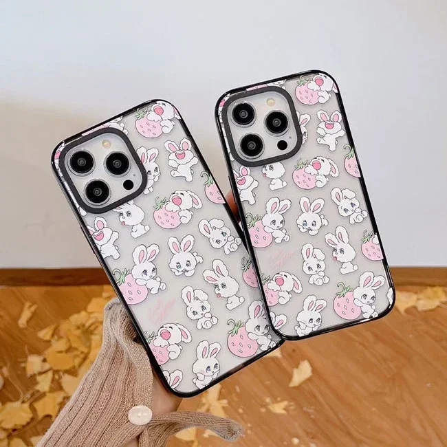 

2.0 Version Acrylic Upgrade Border Strawberry Rabbit Phone Case Cover for IPhone 11 12 13 14 15 Pro Max Case for IPhone 15 Pro