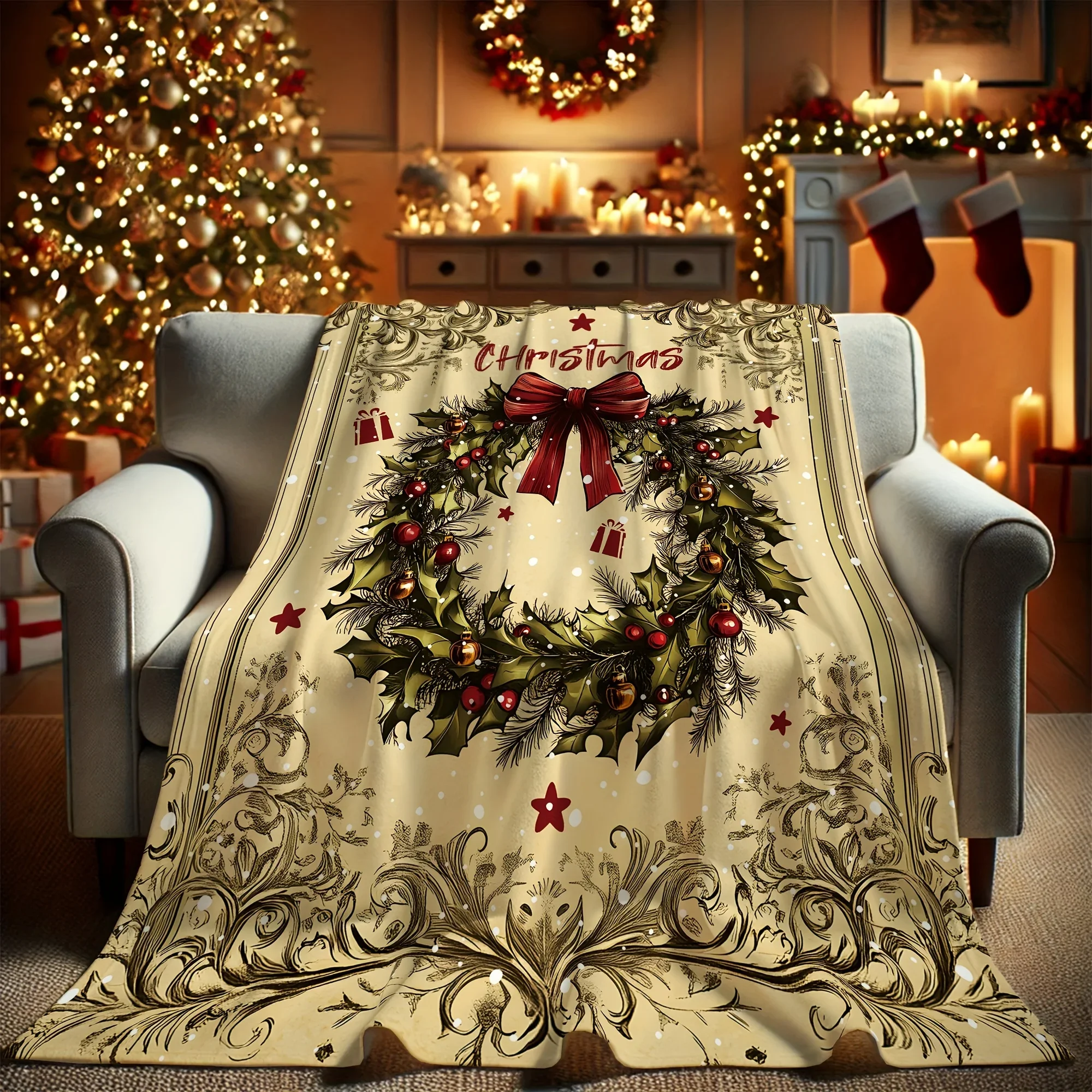 1 Stück gemütliche Weihnachts-Flanell-Überwurfdecke mit Kranz-Schleifen-Design in Grün, Beige und Rot |   Weiche Weihnachtsdekoration für das Wohnzimmer