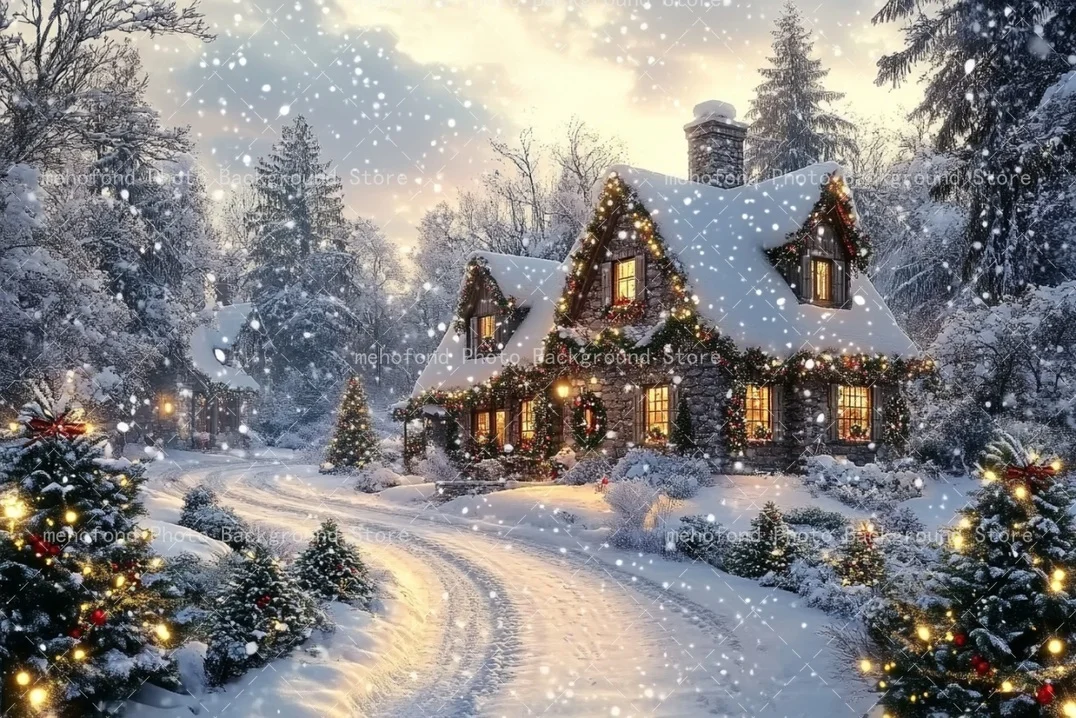 Mehofond Photography Background Winter Christmas Cottage Christmas Lights Wreath Shrubs Kids Family Portrait Backdrop Decor