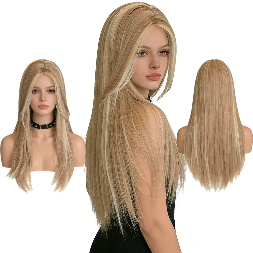 

Glueless Mini Lace Front Blonde Highlight Wig Natural Looking Long Straight Heat Resistant Synthetic For Women Daily Wear Party