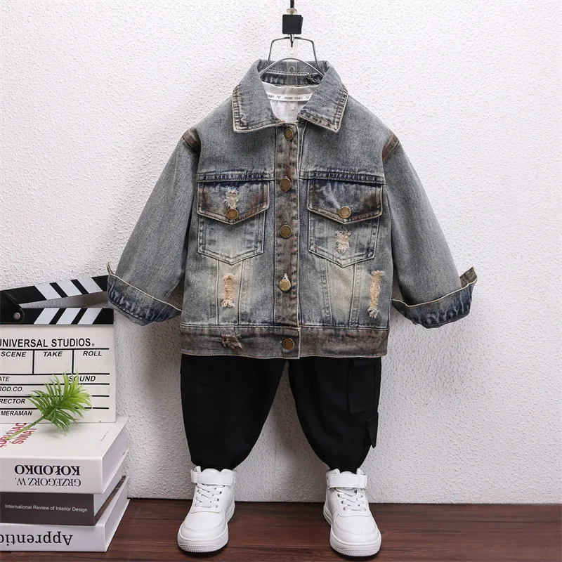 Boys wear flip collar hole denim jacket 2025 spring new small children tops baby boy spring clothing 90-150cm