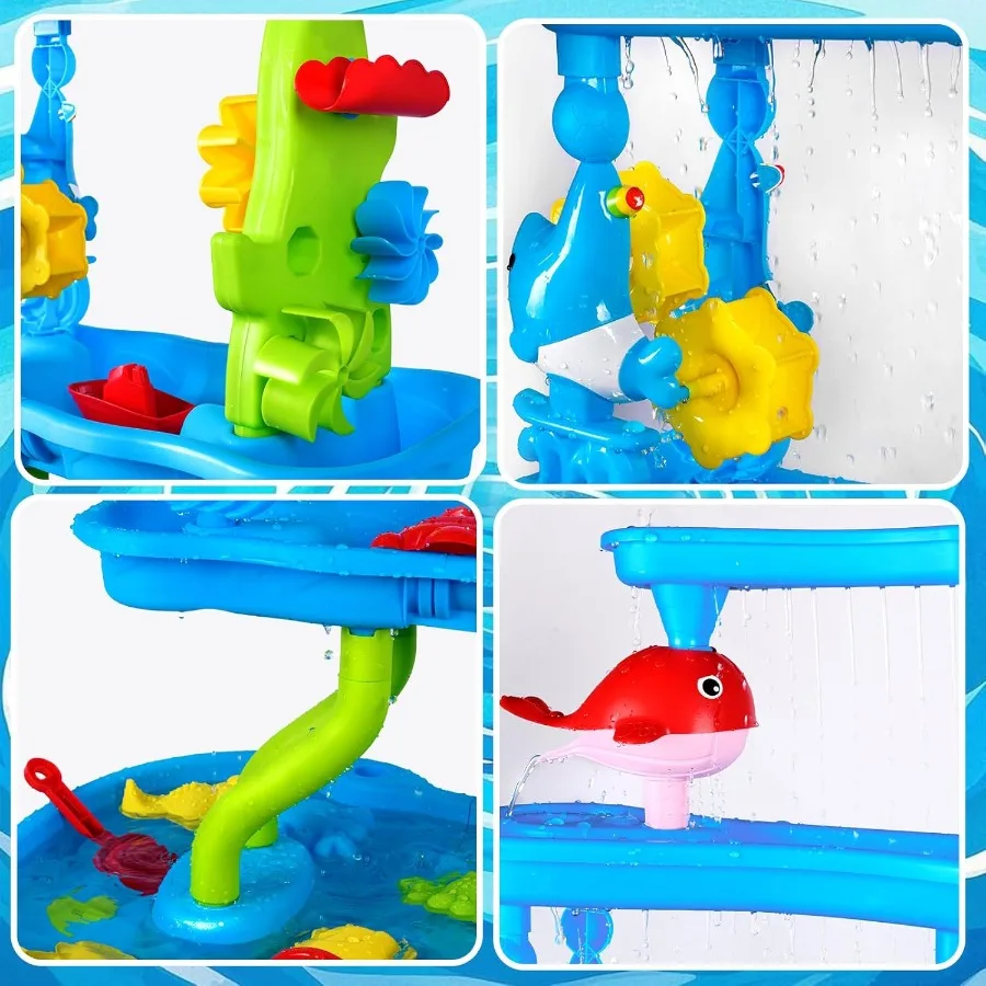 Mesa de agua de 4 niveles para niños de 4 a 8 años, duchas de lluvia, mesa de arena y agua para exteriores, mesas sensoriales para niños pequeños, verano