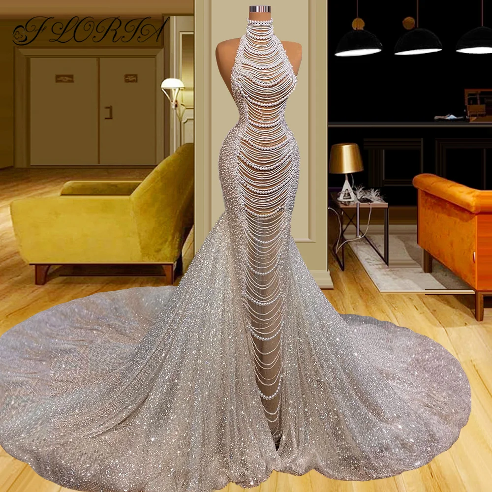 Fully Beadings Pearls Sequined Mermaid Wedding Dress Elegant High Neck Tassel Evening Formal Occasion Gowns Robe De Soiree Femme