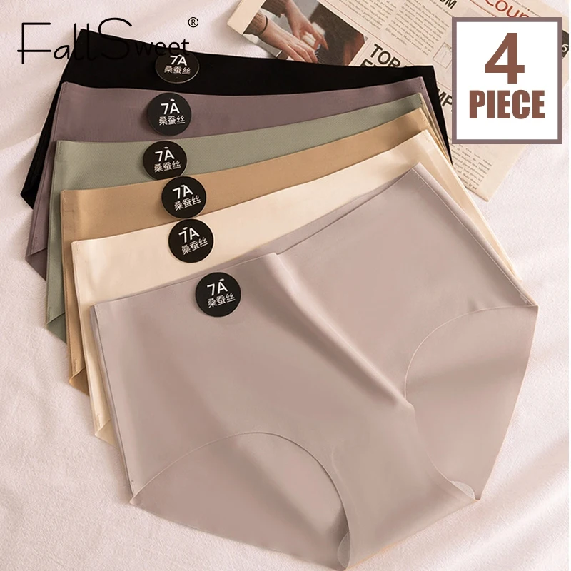 Falllsweet 4Pcs Women Seamless Silk Panties Soft Thin Female Underwear Sexy Mid-Rise Briefs Ice Silk Underpants Lingerie M-2XL