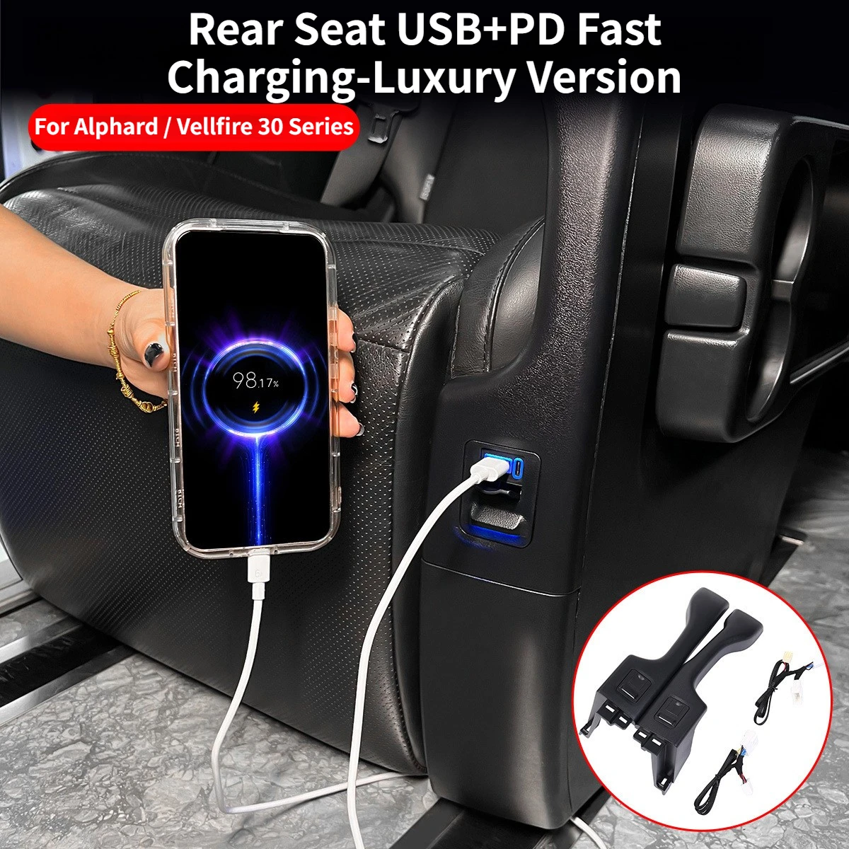 Car Rear Seat Charger Ambient Light USB+PD Armrest Box Charging Port Fast Charger for Toyota Alphard Vellfire 30 Series 15-22