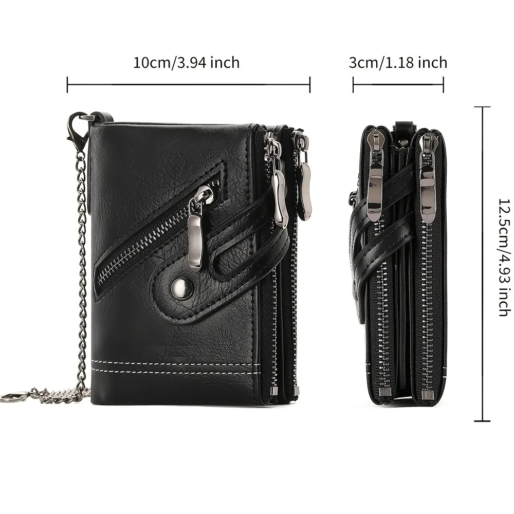 New Men's Chain Wallet RFID Anti-Theft Men's PU Leather Wallet Double Zipper Coin Purse Credit Card Holder for Men and Women