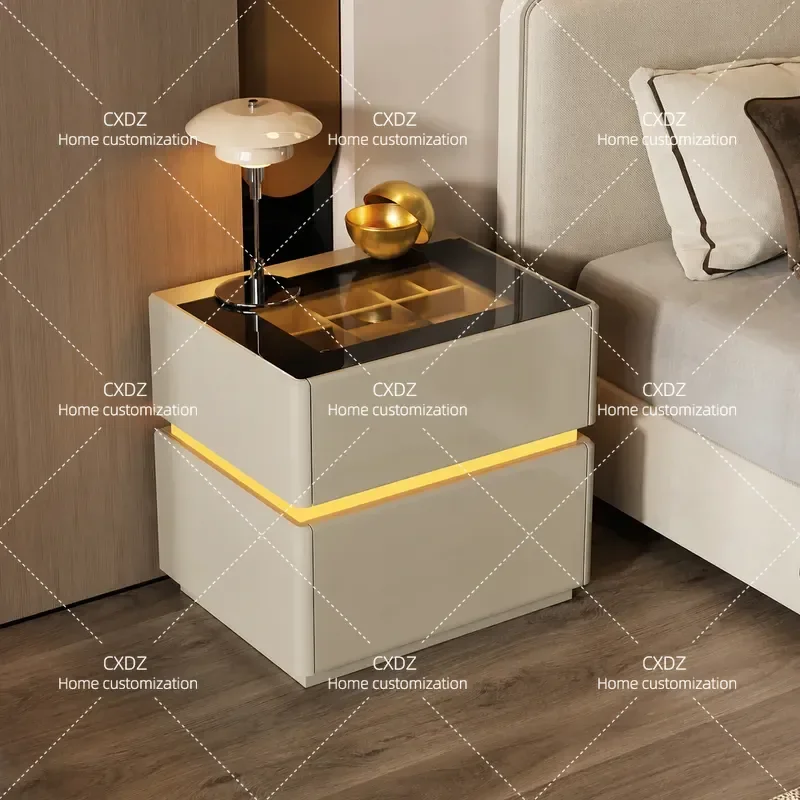 Italian Minimalist Bedside Table with LED Light Jewelry Storage Cabinet Smart Sensor Nightstand with Password Lock Luxury