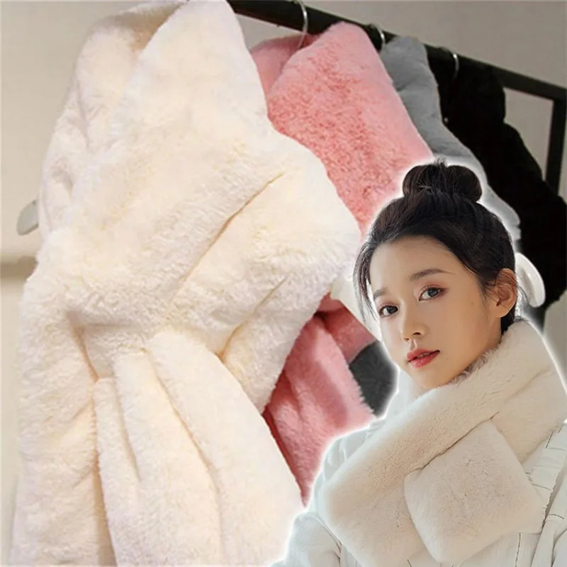 

Women Winter Warm Thicken Scarfs Solid Color Faux Rabbit Fur Plush Cross Collar Scarf Shawl Elegant Warm Soft Comfortable Scarf