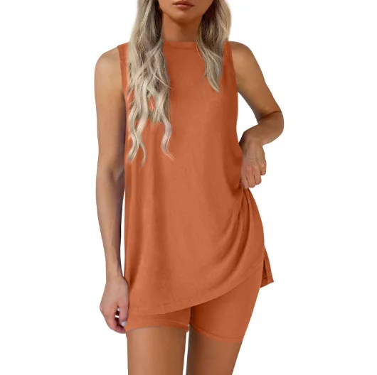 2 piece set 2026 Women Fashion  Set Sleeveless Crew Neck High Slit Pullover Tank Top+Elastic Waist Skinny Shorts Summer Outfits