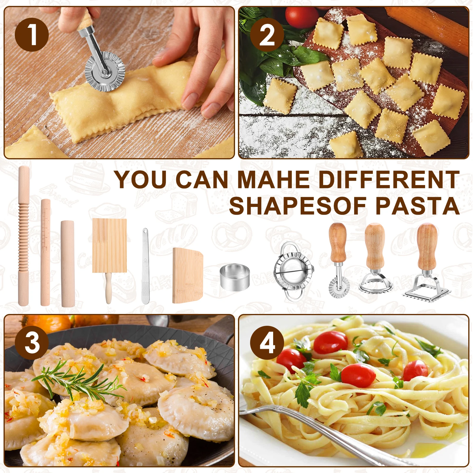 9/11Pcs Pasta Making Tool Kit Multipurpose Pasta Making Set with Wooden Threaded Rolling Pin Gnocchi Board Dough Cutter Dumpling