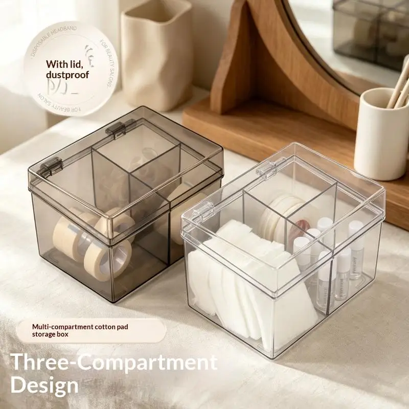 Clear Plastic Storage Organizer 3 Grids Dustproof Flip Lids For Bathroom Storing Cotton Swabs Hair Accessories Small Items