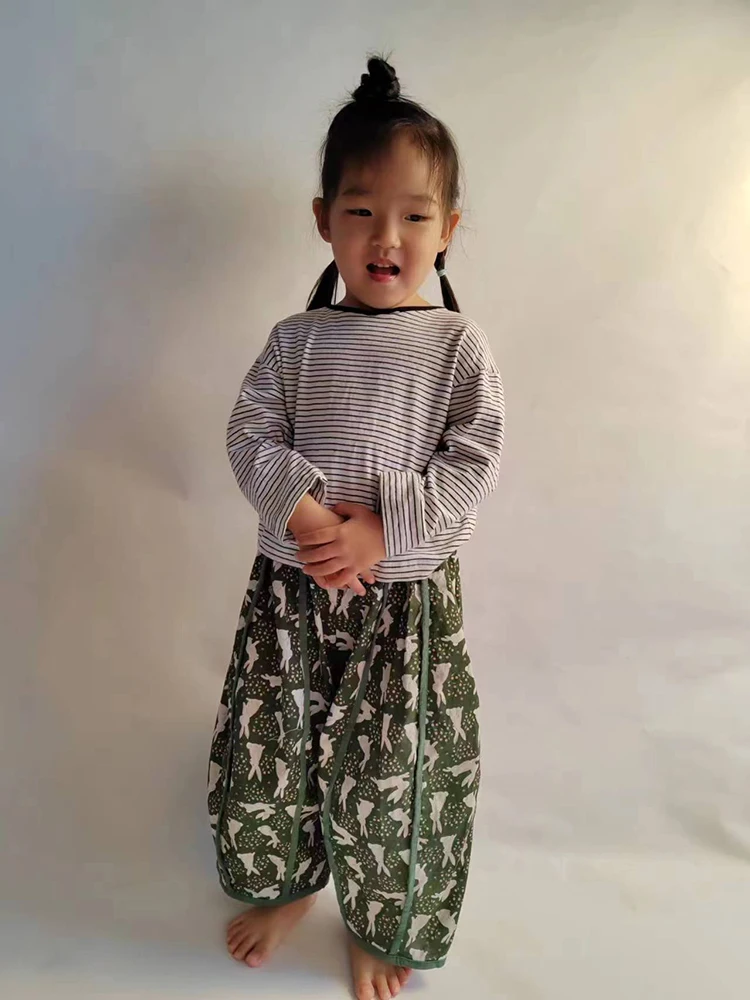 Children's pure cotton mosquito proof wide leg pants, summer thin girls' flower bud pants, breathable lantern capris