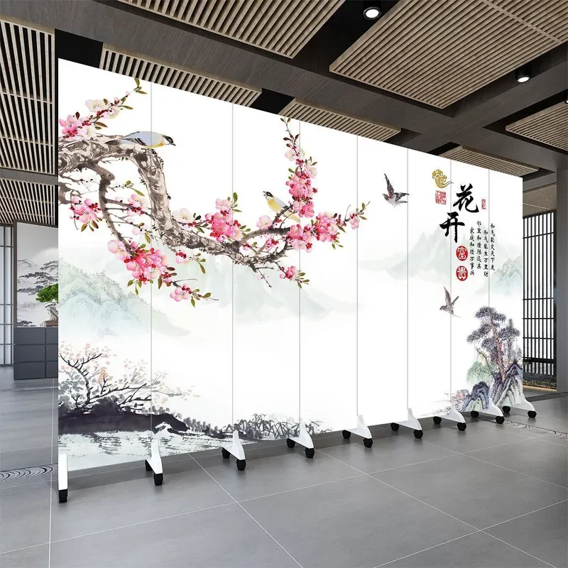 New Chinese Style Rich Peony Mobile Folding Screen Room Divider for Living Room Entrance Study Partition Decor