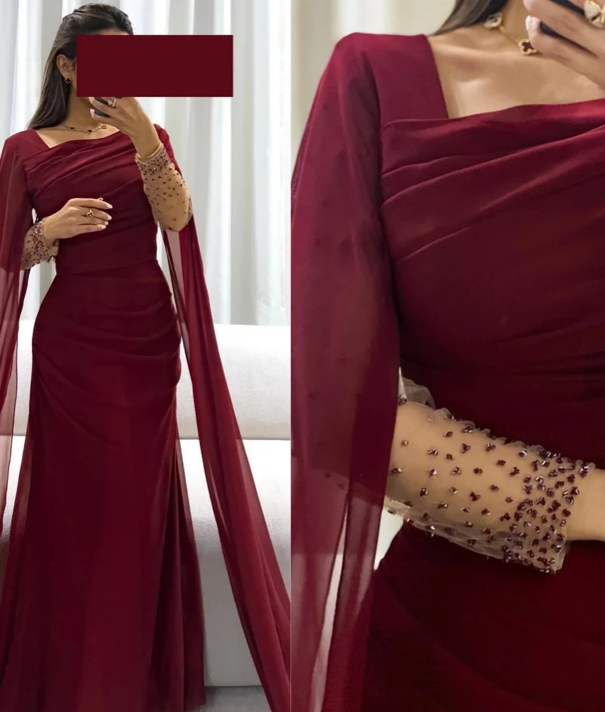

Custom Elegant Burgundy Square Neck Evening Gown with Exquisite Crystal Cuffs Formal Dress.Bespoke Occasion Gowns Custom Size
