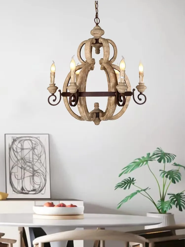 American Retro Spherical Pendant Light European Solid Wood Carving Wardrobe Stairs Bedroom Dining Room Decoration Pendant Lamp