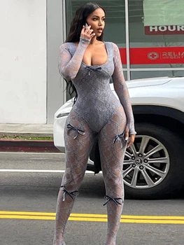Taruxy See Through Mesh Sexy Jumpsuit Vrouwen Strik Splice Lange Mouw Bodycon Eendelig Heet Meisje Feest Sexy Club Overalls Voor Vrouw