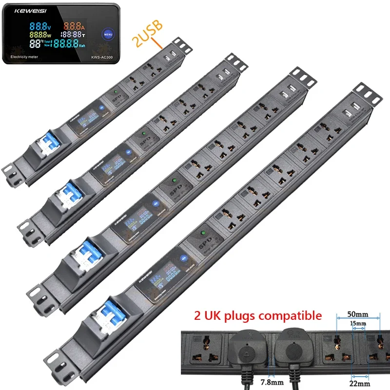 

PDU Power Strip For Network Cabinet Power Distribution Unit 2-10 Ways Universal Socket Digital voltage measuring instrument