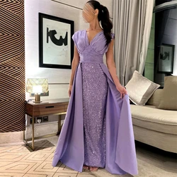 Fashion V-Neck Lilac Mermaid Satin Sequins Formal Occasion Prom Dresses Floor-length Women Evening Party Dress  فساتين السهرة