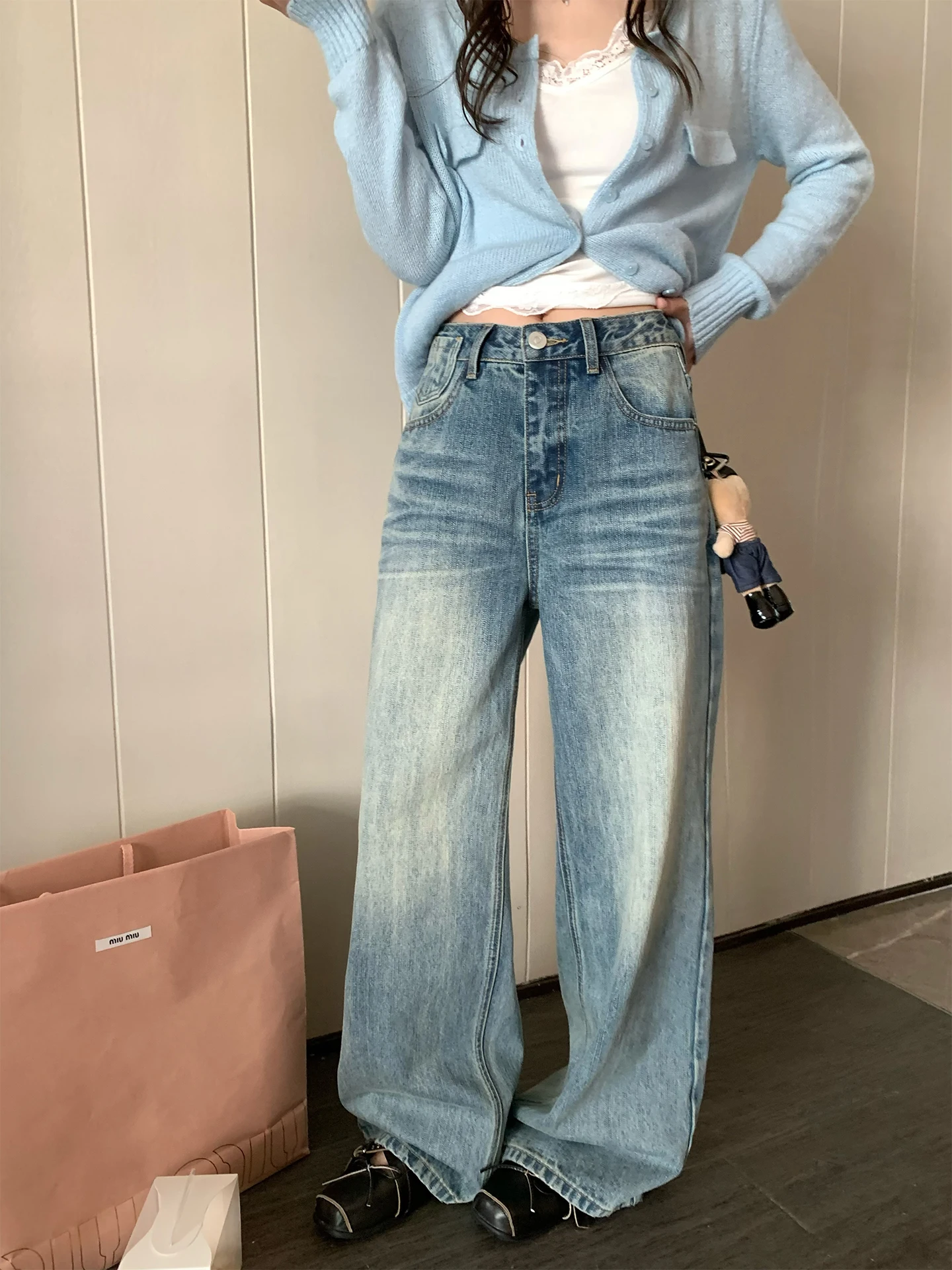 

Loose Straight Leg Blue een Waed Denim Pants Women's Spring Vintage Nostaic Wide Leg Jeans Cotton Casual Comfortable