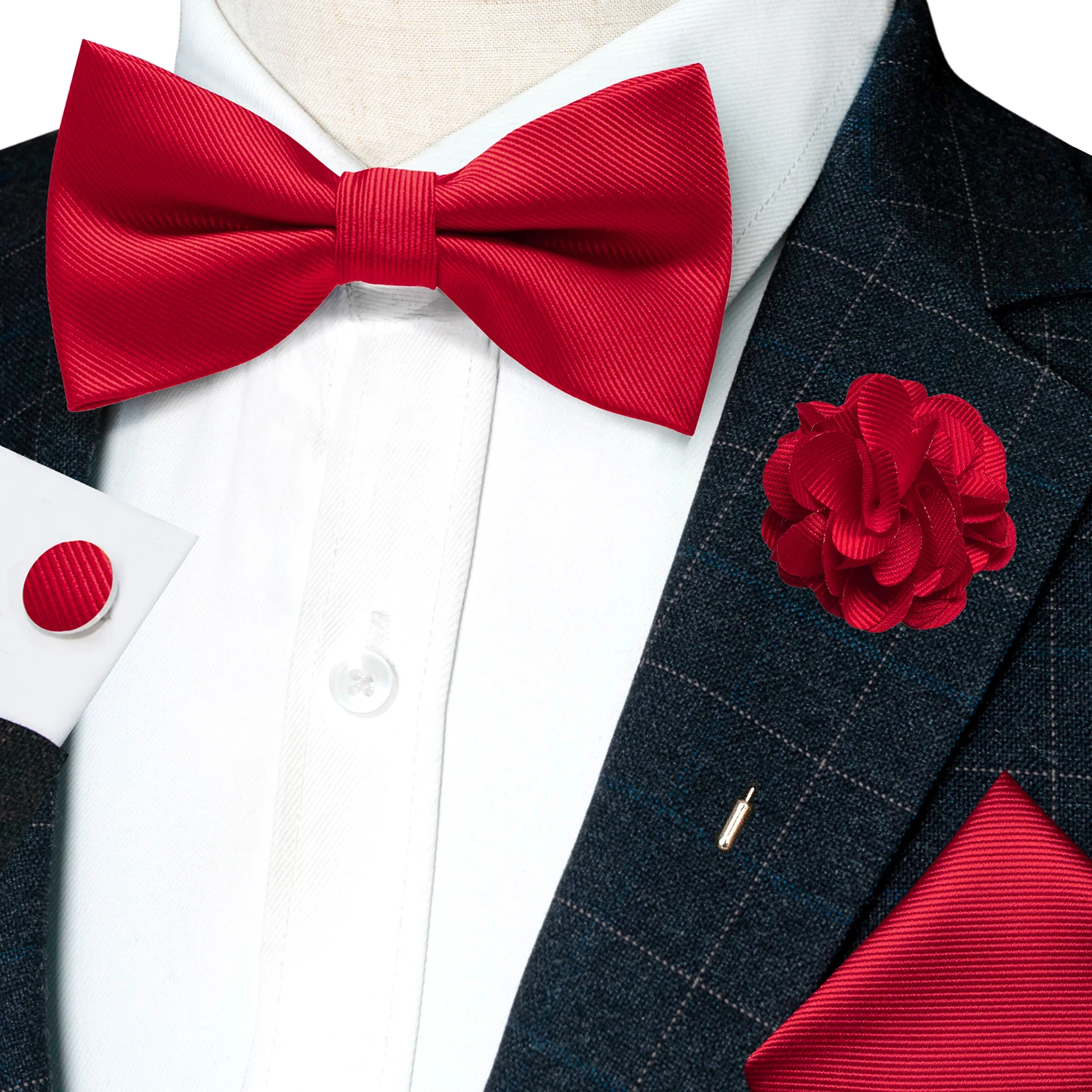 Hochzeits-Fliege für Herren, einfarbig rosa, vorgebundene Fliege, Einstecktuch, Manschettenknöpfe, Corsage-Set, Party, Business, Seiden-Schmetterlingsknoten, Geschenk – Detail 2