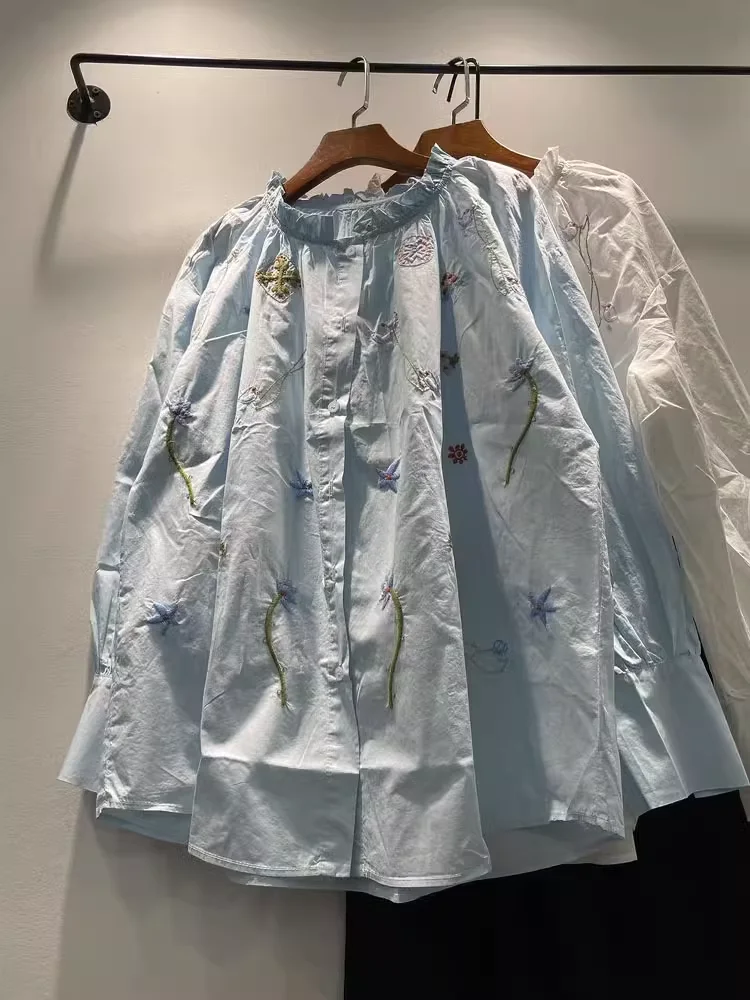 

2025 Boho chic clothes women spring 100% cotton blue white flower embroidery shirts and blouses plus size. tops