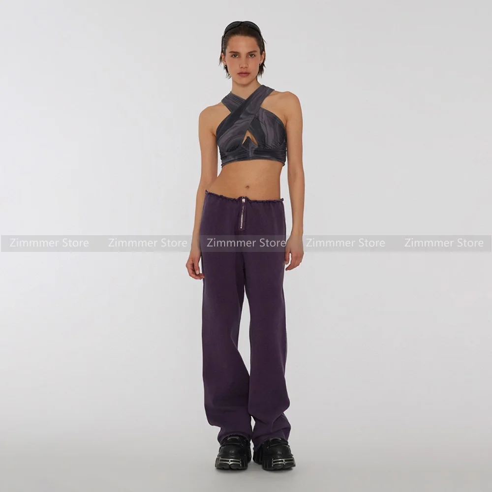 

24 Spring and summer niche fashionable hundred letters embroidery raw edge low waist casual sweatpants women