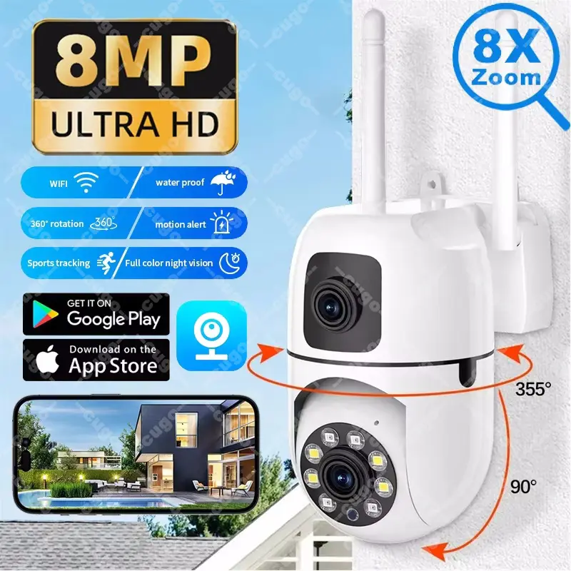 Câmera de vigilância wi-fi de 8mp, lente dupla, tela dupla, câmeras ip, sem fio, rastreamento automático, visão noturna colorida, zoom digital 8x, cctv cam