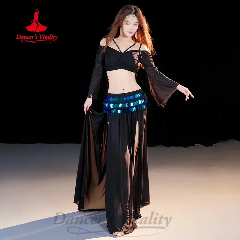 Belly Dancer Professional Practice Clothes V-neck Long Sleeved Top+sequin Long Skirt 2pcs Adult Female BellyDance Sexy Mesh Set